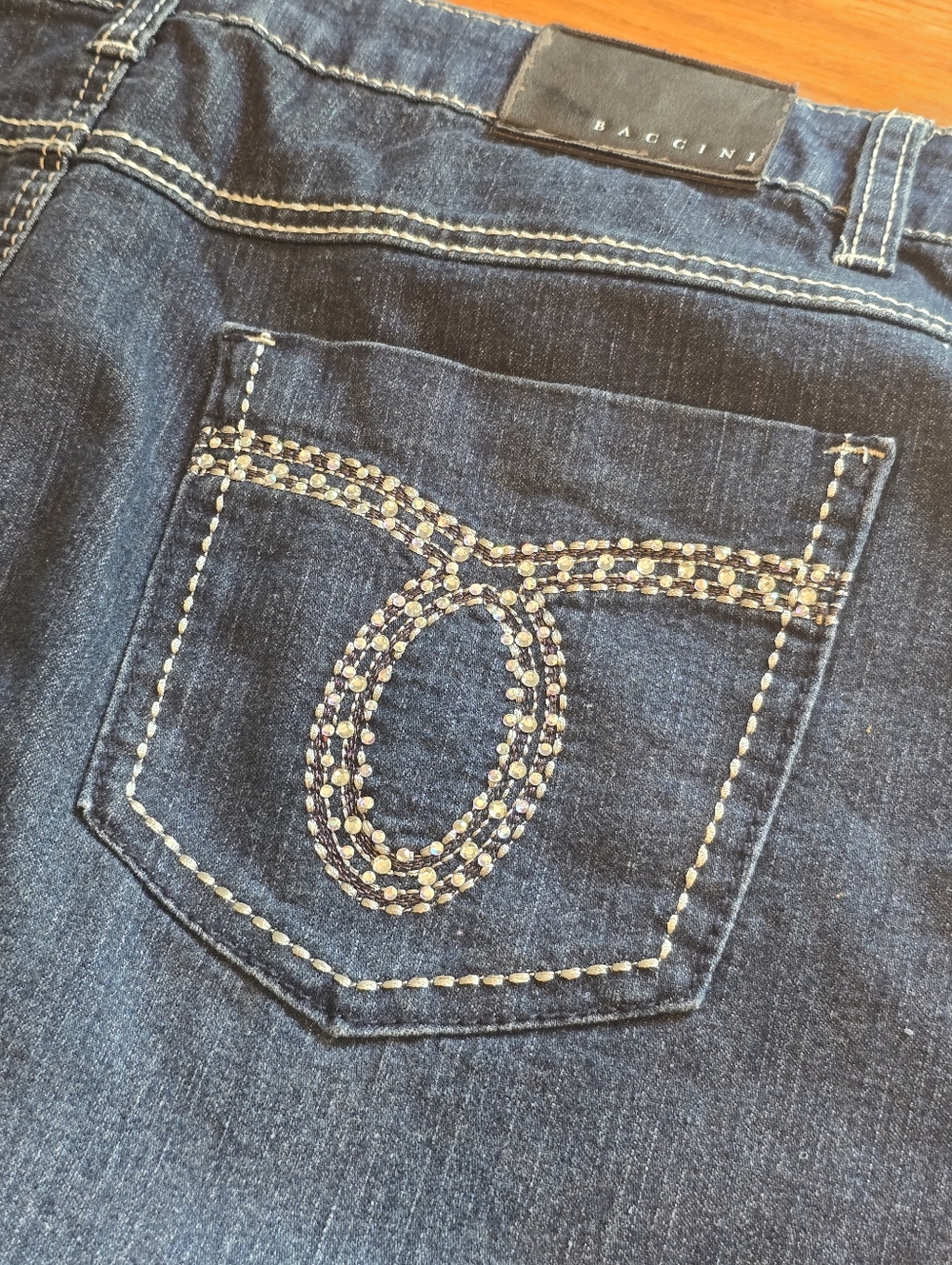 Baccini 16 Blue Jean Denim Skirt Midi Dark Wash Jewels Bling Pockets No Slits - Picture 4 of 8